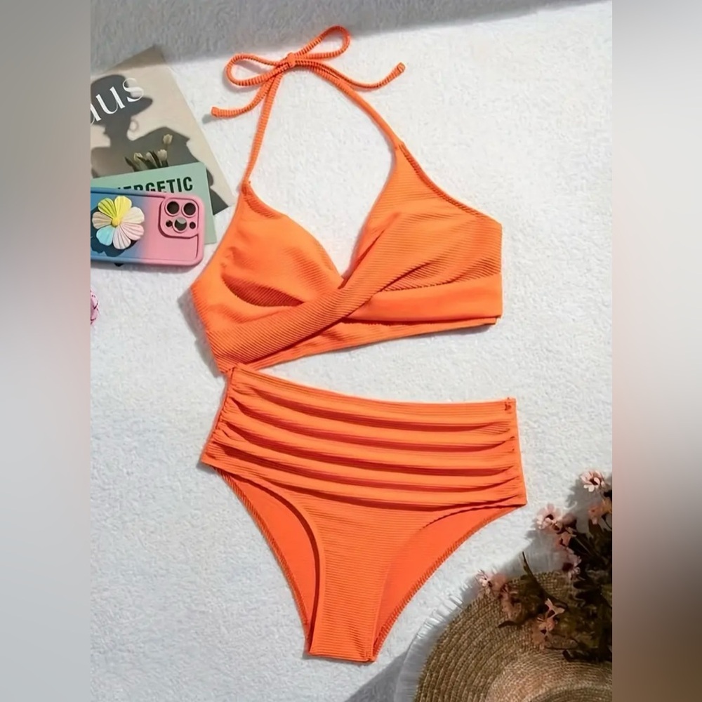 New Stylish tangerine 2pc ribbed Bikini Set women’s Large bathing suit swim… - Picture 3 of 5